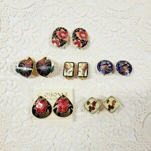 Vintage 1970s Floral Cloisonne Clip-on Earrings Lot Of 6 Pairs Enamel Gold Tone